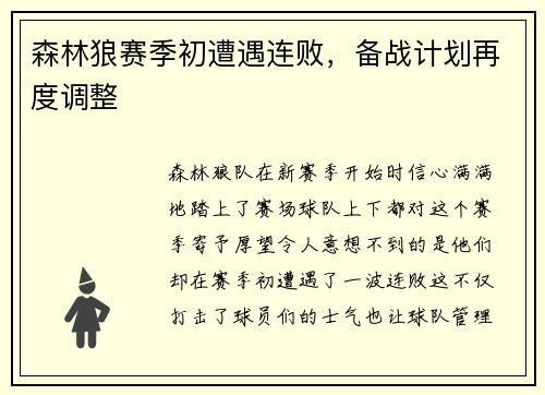 森林狼赛季初遭遇连败，备战计划再度调整