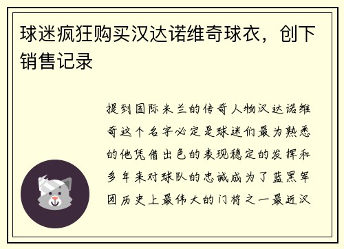 球迷疯狂购买汉达诺维奇球衣，创下销售记录